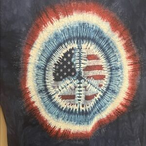 The Mountain Blue Tie-dye American Flag Covered by Peace Sign Medium Shirt